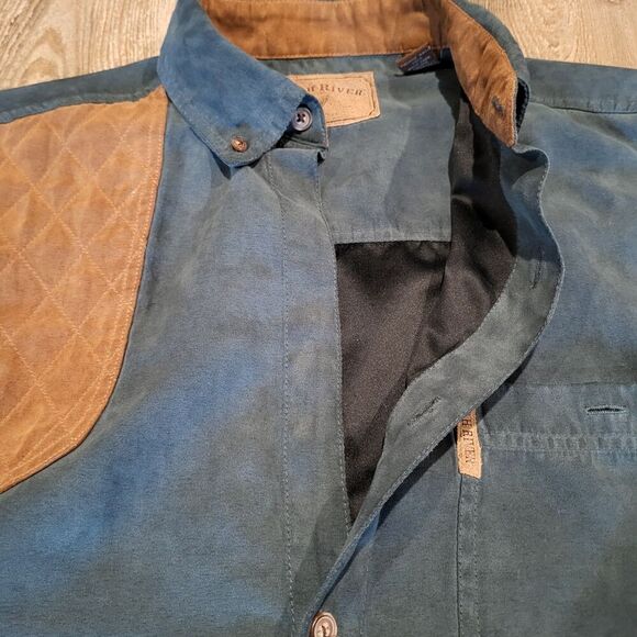 North River Outfitters Teal Button Up Shirt With Brown Elbow Patches Mens Size M - Picture 5 of 9